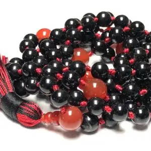 Black Tourmaline and Carnelian Mala Necklace featuring genuine black tourmaline and carnelian beads, designed for Root and Sacral Chakra balance and Aries empowerment.