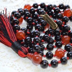 Black & Red Onyx Mala Beads Necklace designed for Root and Sacral Chakra balance, strength, and passion, associated with Leo and Scorpio.