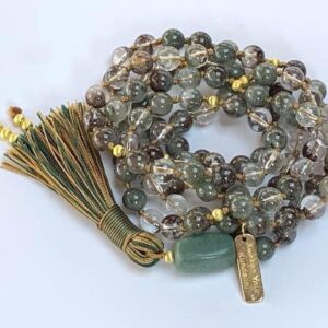 AAA Cacoxenite in Quartz Mala Necklace with 108 hand-knotted beads, designed for spiritual amplification and growth, with a tassel for added elegance.