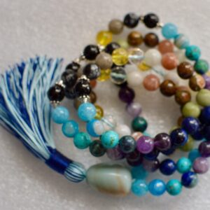 Psychic Mala Beads Necklace featuring a mix of Amethyst, Citrine, Lapis Lazuli, Aquamarine, Turquoise, Taiwan Jade, Blue Agate, Moonstone, Sunstone, Quartz, Mahogany Obsidian, and Tourmaline designed to enhance intuition and clarity, supporting the Third Eye Chakra for Pisces and Aquarius.