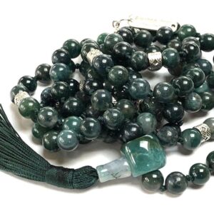  Moss Agate Mala Beads Necklace designed for Heart Chakra support, promoting growth, healing, and emotional balance, with gemstones resonating with Virgo and Taurus.