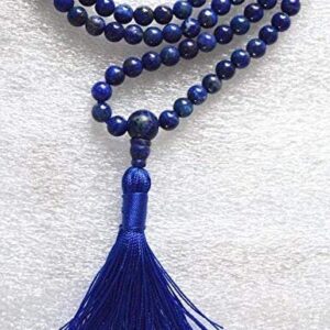  Dark Blue Lapis Lazuli Mala Beads Necklace featuring genuine lapis lazuli beads, designed for Third Eye & Throat Chakra balance, Sagittarius & Pisces energies, and enhanced wisdom and communication.