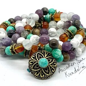 Crystal Healing Mala Necklace with 108 hand-knotted beads made of petrified wood, selenite, amazonite, and lepidolite, designed for grounding, emotional balance, and spiritual growth.