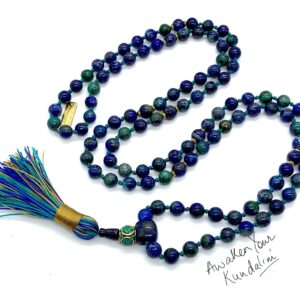 Malachite & Azurite Beaded Mala Necklace designed to support the Heart and Throat Chakras, facilitating transformation and clear communication, with gemstones resonating with Scorpio and Sagittarius for personal growth.