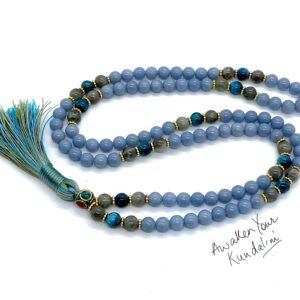 Celestial Angelite & Labradorite Mala Necklace with 108 hand-knotted beads, designed for communication and transformation, featuring a unifying tassel.