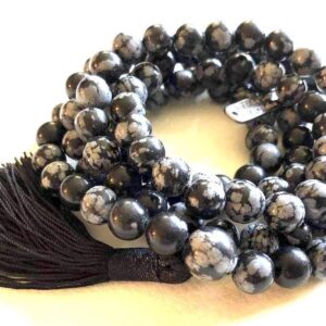 Dragon Glass Obsidian Mala Necklace featuring 108 hand-knotted obsidian beads, designed for protection and grounding, ideal for meditation or as a spiritual accessory.