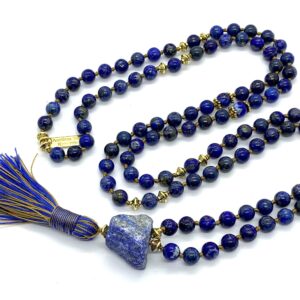 Lapis Lazuli Knotted Mala Beads Necklace designed for Third Eye and Throat Chakra support, enhancing intuition and communication, with gemstones resonating with Sagittarius and Libra.