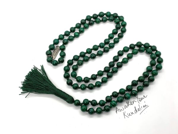 Malachite Mala Beads Necklace designed to support the Heart Chakra, promoting emotional healing and transformation, with connections to Taurus and Scorpio energy.