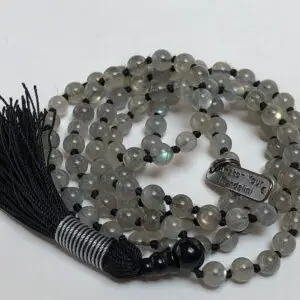 Labradorite Hand Knotted Mala Beads Necklace designed for Third Eye and Crown Chakra activation, enhancing intuition and spiritual connection, particularly beneficial for those under the Leo zodiac sign.