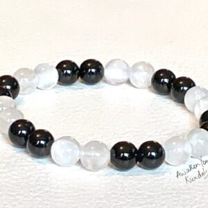 Tourmaline & Selenite Bracelet featuring genuine Black Tourmaline and Selenite beads, designed for Root and Crown Chakra balance and Capricorn birthstone support.