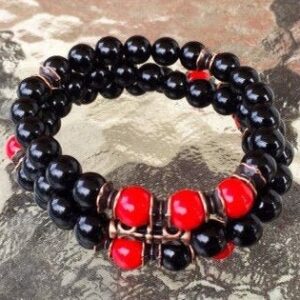  Black Onyx & Red Coral Bracelet featuring genuine Black Onyx and Red Coral beads, designed for Root and Sacral Chakra balance and ideal for Aries and Scorpio birthstones.