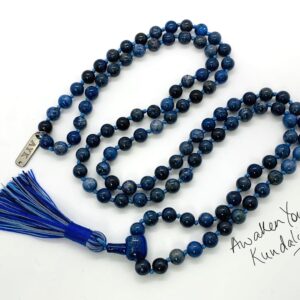 Dumortierite Beaded Mala Necklace featuring 108 hand-knotted beads, designed to enhance communication and intuition, with Throat and Third Eye Chakra support, resonating with Leo and Sagittarius.