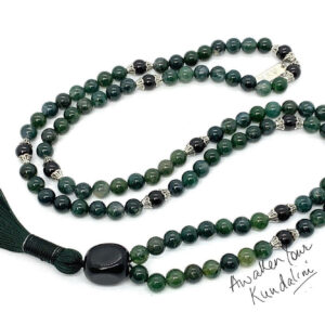 Moss Agate & Tourmaline Mala Necklace featuring 108 hand-knotted beads, designed for emotional growth, grounding, and Heart and Root Chakra activation. Resonates with Virgo and Libra zodiac signs.