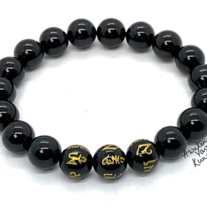  Black Obsidian Bracelet with Om Mani Padme Hum mantra, designed for meditation, yoga, and chakra healing, featuring 10mm natural gemstone beads