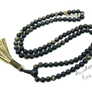 Golden Sheen Obsidian Mala Necklace designed for Root and Solar Plexus Chakras, ideal for Scorpio and Leo, offering grounding and empowerment.