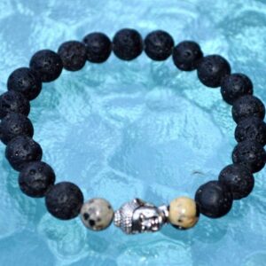 Dalmatian Jasper & Lava Buddha Boho Bracelet for Gemini sun sign, featuring root and sacral chakra balancing and grounding benefits