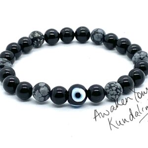 Triple Power Protection Bracelet featuring genuine Tourmaline, Obsidian, and Onyx beads, designed for Root Chakra support and Capricorn Sun Sign energy enhancement.