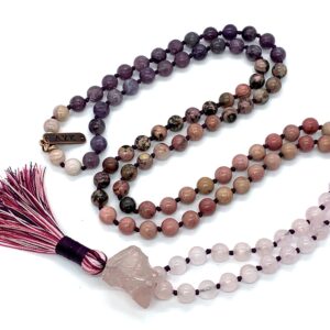 A Love Mala Necklace featuring Rose Quartz, Rhodonite, Pink Opal, Kunzite, and Charoite beads, designed for Heart Chakra support, emotional healing, and attracting love, with energies aligned with Libra and Taurus.