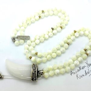 Mother of Pearl Mala Necklace designed to support the Heart Chakra, enhancing emotional healing and inner peace, with beads resonating with Cancer for emotional balance and tranquility.