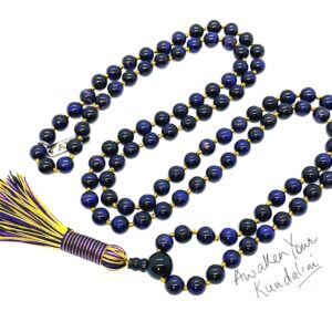 Purple Tiger's Eye Mala Beads Necklace designed for Third Eye Chakra support, enhancing intuition and transformation, with gemstones resonating with Scorpio.