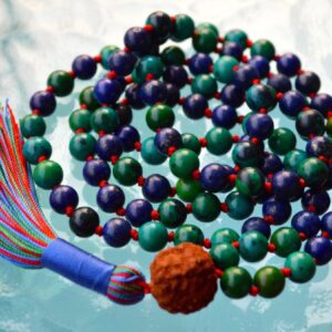 Chrysocolla Mala Necklace designed for Throat and Heart Chakra support, enhancing communication and emotional healing, with gemstones resonating with Gemini and Taurus.