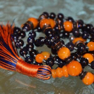 Sparkling Blue Goldstone Mala Beads Necklace, designed to support the Throat and Third Eye Chakras, enhancing confidence and intuition, with deep blue shimmering beads, resonating with Sagittarius.