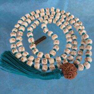 Tulsi Holy Basil Hare Rama Krishna Hand Knotted Mala Beads Necklace featuring sacred Tulsi beads, designed for Heart Chakra balance, Taurus & Libra energies, and enhanced devotion and harmony.