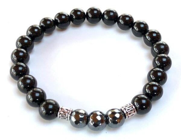  Black Tourmaline & Hematite Bracelet featuring genuine Black Tourmaline and Hematite beads, designed for Root Chakra balance and Capricorn birthstone support.