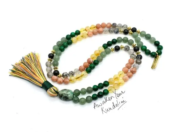 Crystals of Luck Mala Beads Necklace featuring Citrine, Chrysoprase, Tourmilated Quartz, Green Aventurine, Green Jade, and Sunstone, designed for attracting luck, prosperity, and protection, supporting the Heart and Solar Plexus Chakras, associated with Aquarius and Leo zodiac signs.