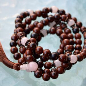 Rose Quartz and Mahogany Obsidian Mala Beads Necklace designed for Heart and Root Chakra support, enhancing love, emotional healing, and grounding, with gemstones resonating with Taurus and Scorpio.