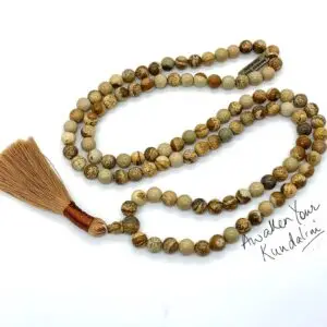 Picture Jasper Mala Necklace featuring earthy toned beads, designed for grounding and stability, supporting the Root Chakra, associated with Capricorn and Virgo zodiac signs.