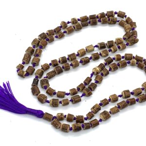 Natural Raw Tulsi Knotted Mala Beads Necklace designed for Root Chakra support, spiritual awakening, and grounding, resonating with Capricorn and Scorpio sun signs.