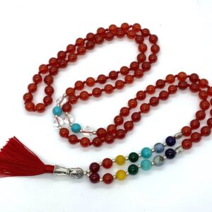 7 Chakra Mala Beads Necklace with 108 hand-knotted chakra stones, designed to balance all chakras, promoting harmony and energy, associated with Aries and Sagittarius.