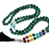 7 Chakra Green Jade Mala Necklace featuring 108 hand-knotted beads, designed to balance all chakras and promote healing, aligned with Libra and Pisces.