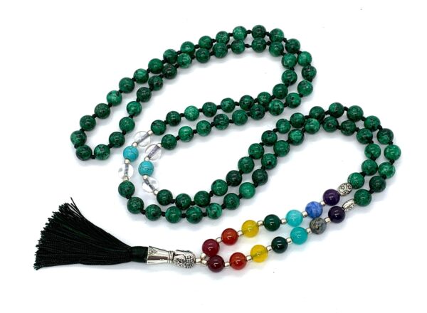 7 Chakra Green Jade Mala Necklace featuring 108 hand-knotted beads, designed to balance all chakras and promote healing, aligned with Libra and Pisces.