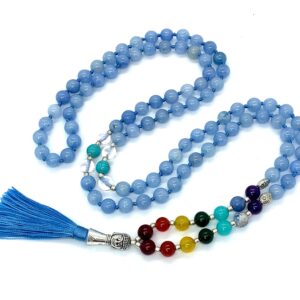 Aquamarine 7 Chakra Mala Necklace featuring 108 hand-knotted beads for chakra balancing and emotional healing, aligned with Pisces and Aquarius.