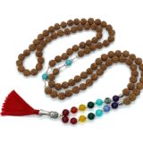 5 Mukhi Rudraksha 7 Chakra Mala Necklace featuring 108 hand-knotted beads for chakra balancing, protection, and spiritual growth, aligned with Leo and Virgo.