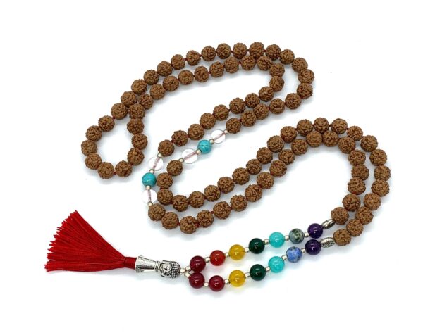 5 Mukhi Rudraksha 7 Chakra Mala Necklace featuring 108 hand-knotted beads for chakra balancing, protection, and spiritual growth, aligned with Leo and Virgo.