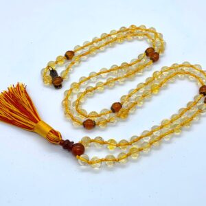 Citrine & Carnelian Mala Beads Necklace, featuring vibrant Citrine and Carnelian gemstones, hand-knotted, linked to Solar Plexus and Sacral Chakras for abundance and motivation, aligned with Leo and Virgo.