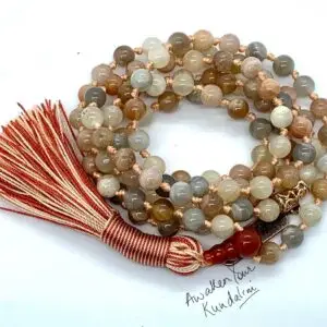 Rainbow Moonstone Mala Necklace featuring genuine rainbow moonstone beads, designed for Crown Chakra balance, Cancer & Pisces empowerment, and enhanced intuition.