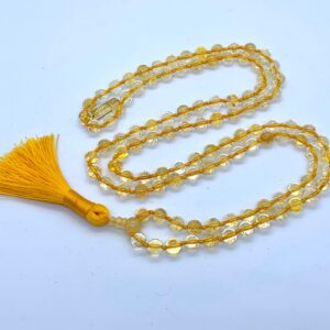 Natural Citrine Knotted Mala Necklace designed for Solar Plexus Chakra support, enhancing confidence and abundance, with a connection to Leo and Sagittarius.