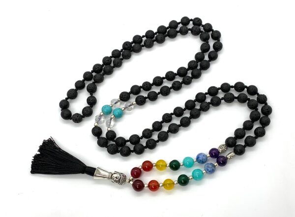 7 Chakra Onyx Gemstone Mala Necklace with 108 hand-knotted beads, balancing all chakras and providing protection, aligned with Leo and Capricorn.