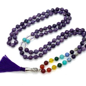 7 Chakra Purple Jade Mala Necklace featuring 108 hand-knotted beads, balancing all chakras for healing and emotional balance, aligned with Pisces and Sagittarius.