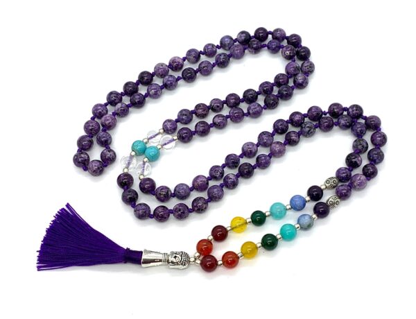 7 Chakra Purple Jade Mala Necklace featuring 108 hand-knotted beads, balancing all chakras for healing and emotional balance, aligned with Pisces and Sagittarius.