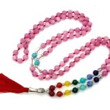 7 Chakra Magenta Jade Mala Necklace featuring 108 hand-knotted beads, balancing all chakras for healing and transformation, aligned with Aries and Scorpio.