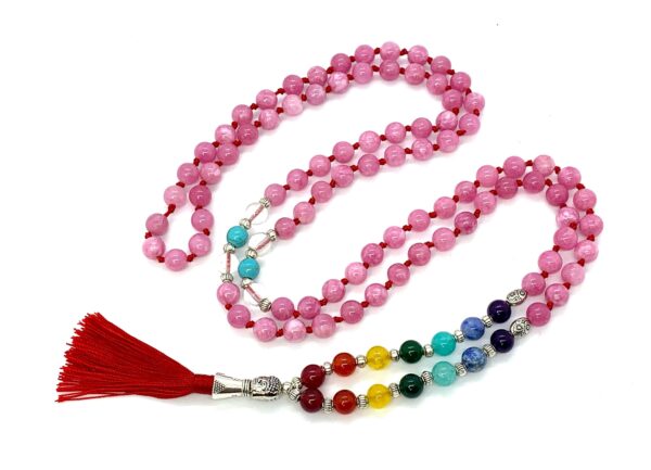 7 Chakra Magenta Jade Mala Necklace featuring 108 hand-knotted beads, balancing all chakras for healing and transformation, aligned with Aries and Scorpio.