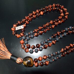 Red Tiger Eye & Lava Mala Beads Necklace designed for Root and Sacral Chakra support, enhancing grounding, vitality, and personal power, with gemstones resonating with Aries and Scorpio.