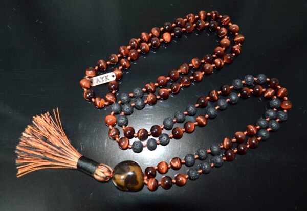 Red Tiger Eye & Lava Mala Beads Necklace designed for Root and Sacral Chakra support, enhancing grounding, vitality, and personal power, with gemstones resonating with Aries and Scorpio.