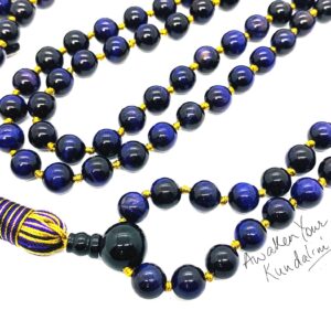 Blue Tiger Eye Mala Necklace with hand-knotted 8mm beads. Enhances insight and communication, aligns Throat and Third Eye Chakras. Ideal for Sagittarius and Capricorn zodiac signs.