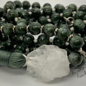 Gorgeous deep green colored hand-knotted Seraphinite Mala Necklace designed to resonate with the Heart Chakra and Sagittarius zodiac, promoting healing, spiritual growth, and divine connection.